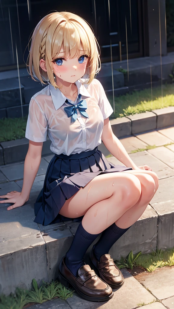 (masterpiece:1.2), best quality, high resolution, unity 8k wallpaper, (illustration:0.8), (beautiful detailed eyes:1.6), extremely detailed face, perfect lighting, extremely detailed CG, (kinomoto sakura, green eyes, short hair, two side up, 12 years old, short stature, small breast, solo,), sitting, spread legs, no bra, show off nipple, little nipple, gym clothes, very torn clothes, open-breast clothes, see through clothing, wet clothes, mini skirt, very short skirt, lift skirt, show off panties, pink striped patterns panties, vagina, gleaming skin, moist skin, embarrassed, open mouth, noon, in the park, front view, looking at viewer, troubled face,