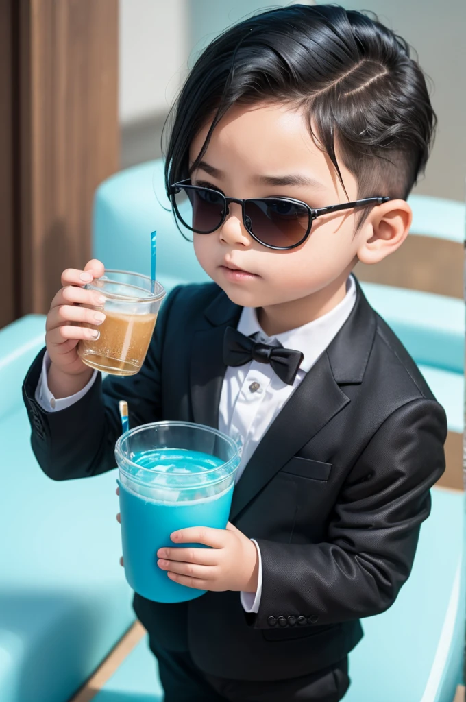 A toddler in a black suit with slicked back blue hair and sunglasses holding a cup