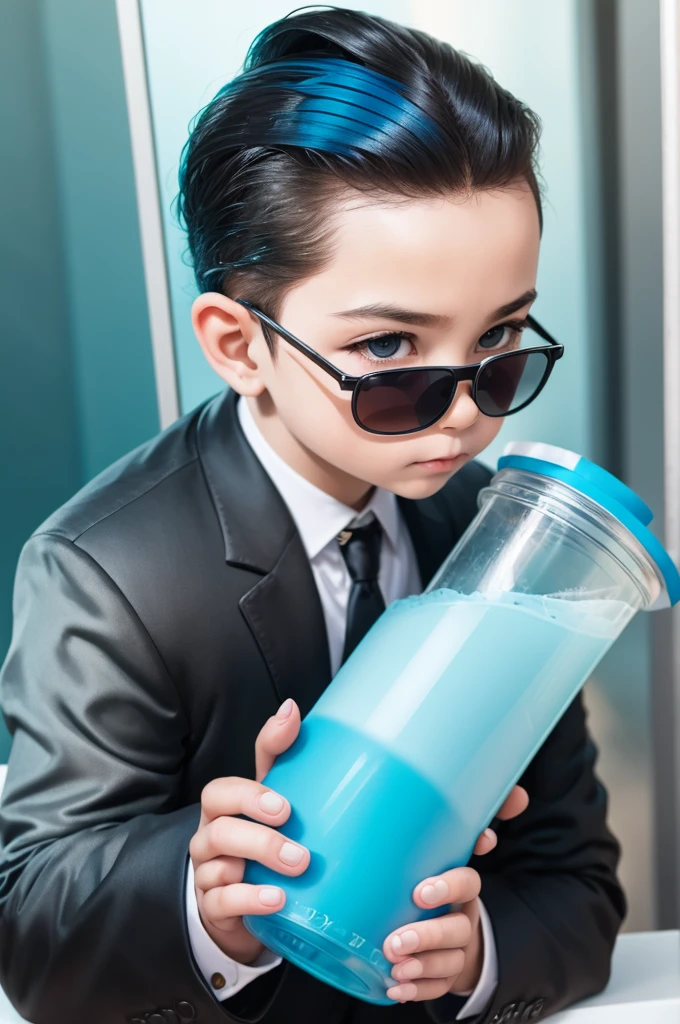 A toddler in a black suit with slicked back blue hair and sunglasses holding a cup