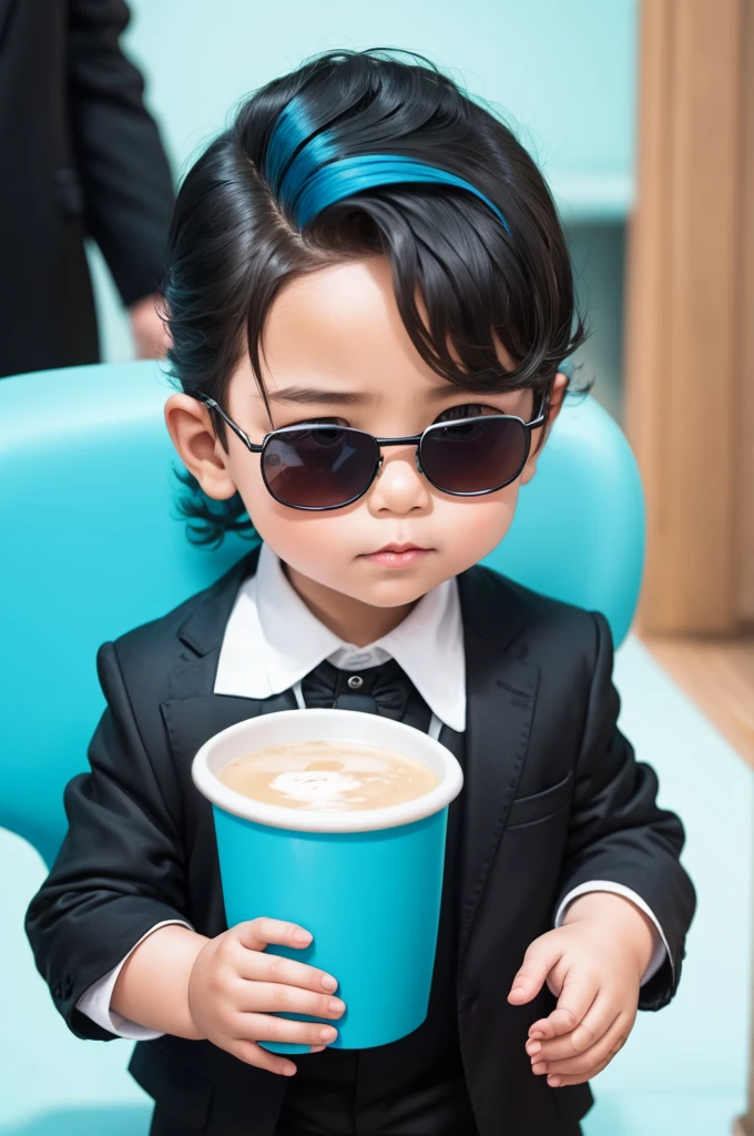 A toddler in a black suit with slicked back blue hair and sunglasses holding a cup