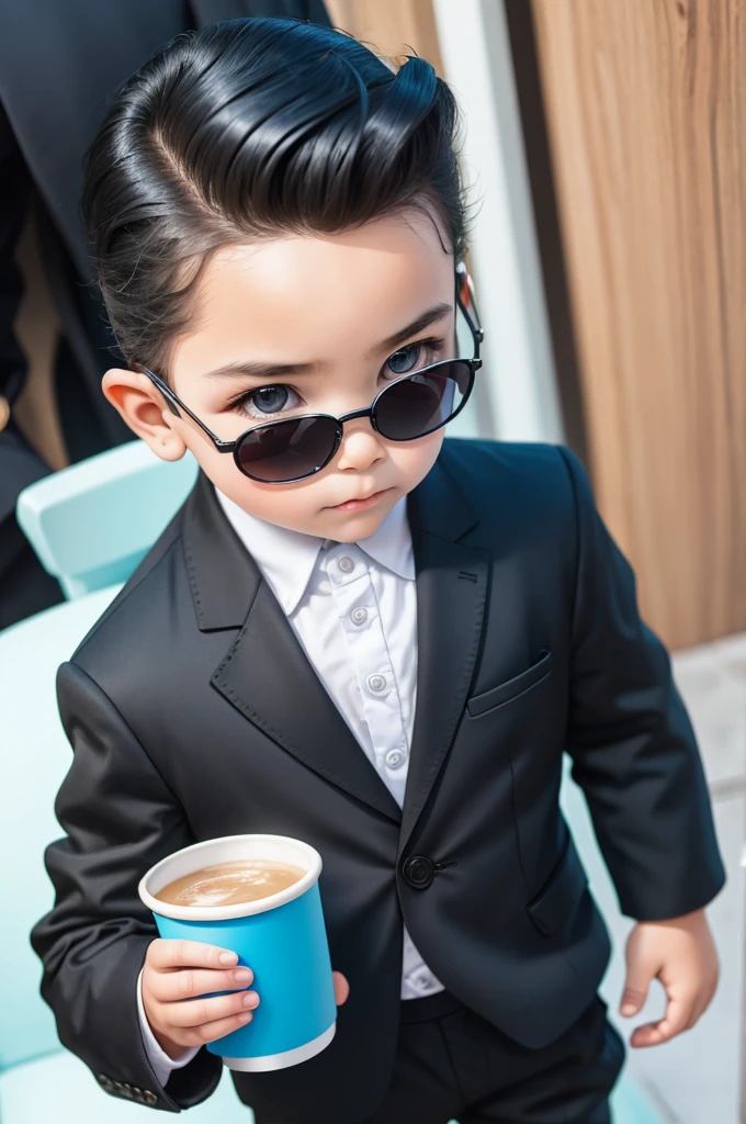 A ddler in a black suit with slicked back blue hair and sunglasses holding a cup