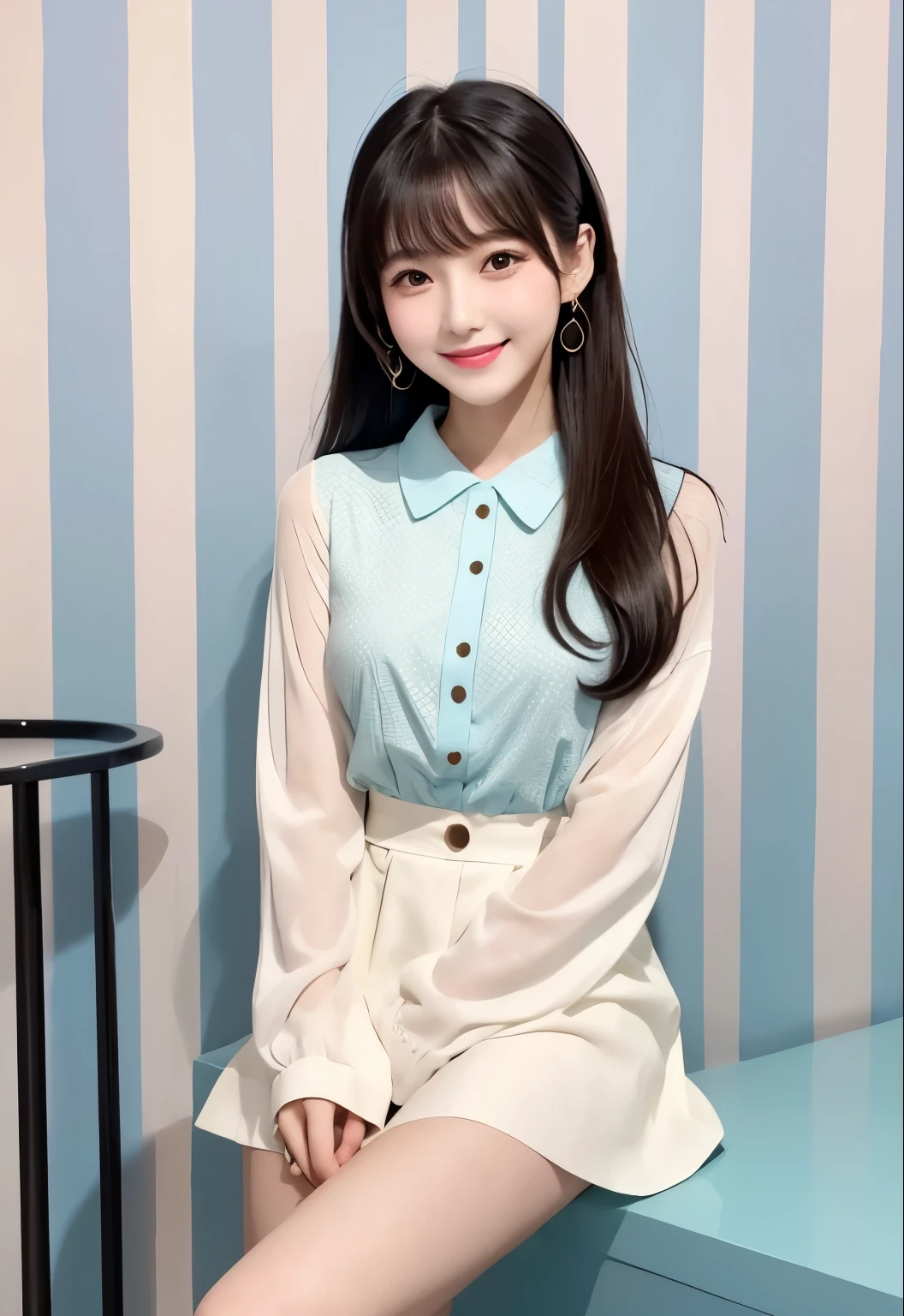 Beautiful Japanese woman, wavy blue hair, white tight silk button blouse, masterpiece, best quality, photorealistic, HD, smiling, cute,  seductive,short silk skater skirt, silk clothing, sexy pose, indoors, legs