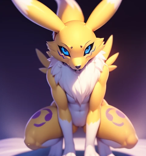 renamon, furry female, anthro, fox girl, portrait, solo, (body fur:1.2), (best quality), bedroom background, dark romantic lighting, (detailed fluffy fur:1.1), looking at viewer, blue eyes, squatting, legs open, drooling