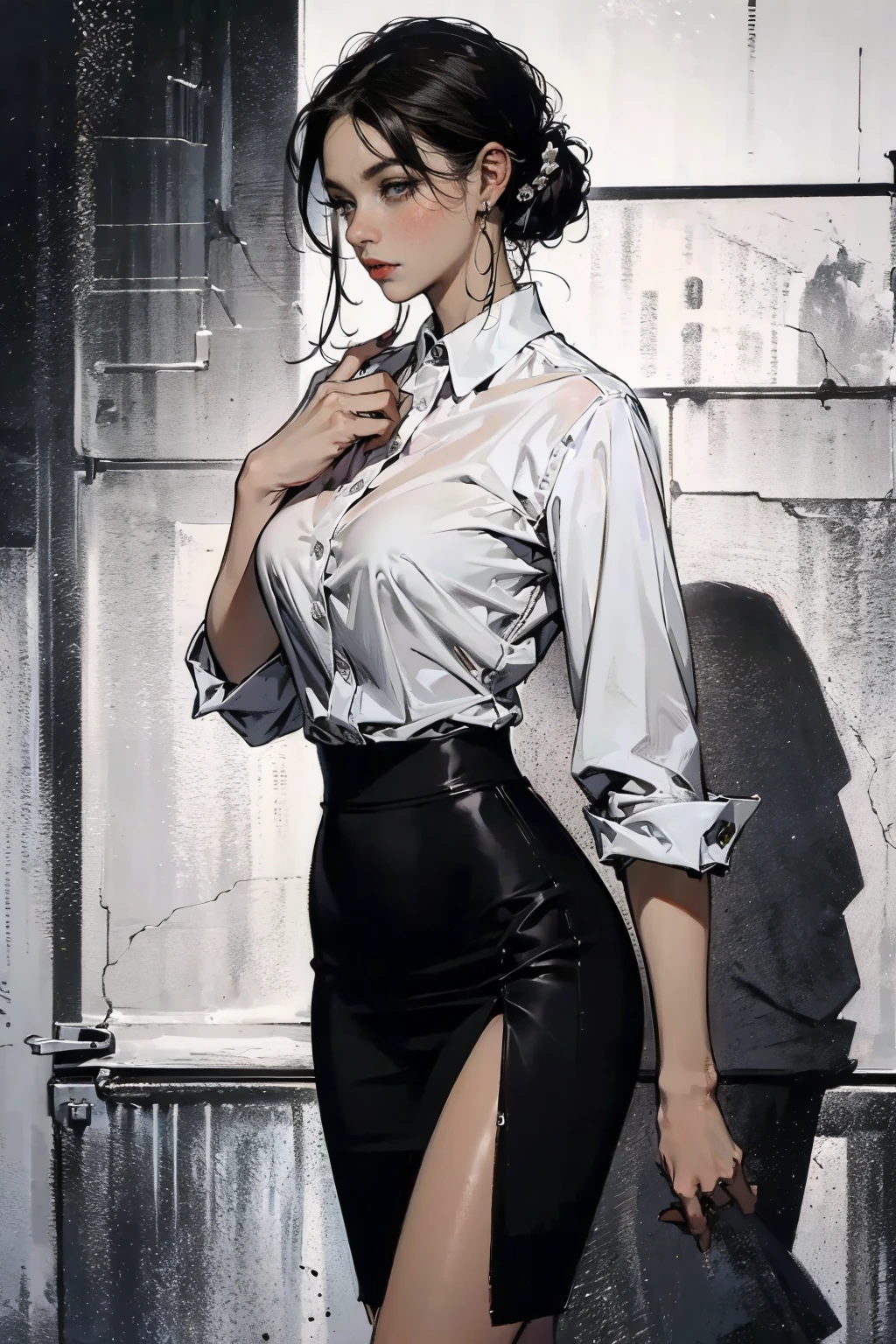 (Best quality, 4K, high resolution, masterpiece:1.2), ultra-detailed, realistic (photo-realistic:1.37), 3, office lady, (wearing dark blazer jacket over a crisp white blouse pair with dark  short pencil skirt with front-slit), (small hands), black ponytail hair, black heels, perfect make up, c cup breasts, toned slim body, flat abs, hourglass body, customer welcome pose, bank background. Sharp focus on details, modern environment, striking visual impact, confidently poised, aura of professionalism, symbol of reliability, high-end lifestyle, extraordinary charisma.