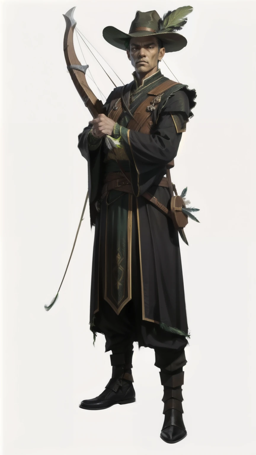 rpg character, I want a character with a white background, png, an RPG archer, naughty man, green clothes and a hat with a feather, black clothes with green details, short black blonde hair, black cloack, long clothes hiding their intentions, Shine in the black eyes, Full-body image, white skin color, naughty man esguio, lurking posture, Bow in hand
