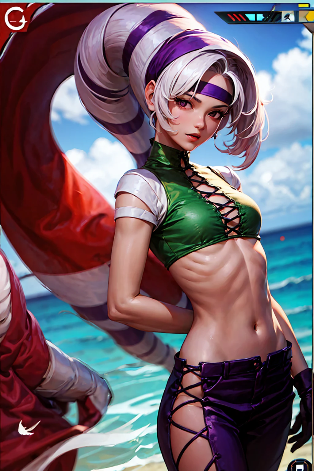 foxyms, The King of Fighters, purple bikini, Beach, sand , perfect body, half body, long white hair, ponytail hair, (purple headband), breasts, detailed, highres 