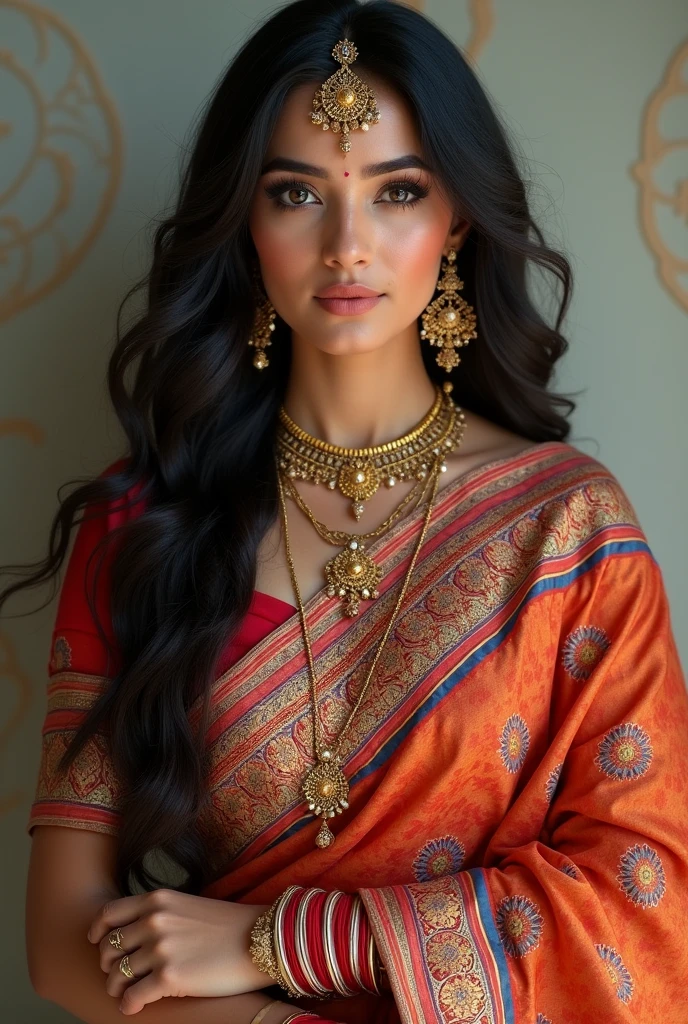 If you're looking for a description of a Gujarati woman, here is a respectful approach:

A Gujarati woman might have a radiant complexion, often with warm olive or dusky tones. She may have expressive dark eyes, often framed with thick lashes. Her hair could be long, dark, and lustrous, cascading down her back. In terms of traditional attire, she might wear a vibrant **saree** or **chaniya choli**, adorned with intricate embroidery and mirror work, reflecting the rich cultural heritage of Gujarat. Accessories such as bangles, a nose ring, and anklets might complement her look, adding to her traditional charm. Her overall appearance radiates grace and confidence, embodying a blend of modern style and cultural richness.

If you have a specific context in mind or need a different description, feel free to let me know!