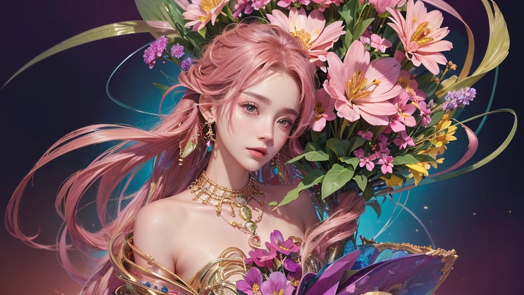 32K, 最高quality, 最高masterpiece, (ultra-Detailed Background, Detailed Background), High resolution, Super detailed, Very detailedな, One girl, (bouquet:1.3), (Tangled:1.2), (Geometric:1.2),(colorful),(masterpiece, quality, best quality, Official Art, Beautiful and beautiful:1.2), (1 girl:1.3), Very detailed,(colorful:1.1)(Flowers:1.3),Most detailed,(Tangled:1.2), whole body, (Abstract background:1.3), (Skin glows), (Many colors:1.4), ,(Earrings Jewelry:1.5), Pink Background,
