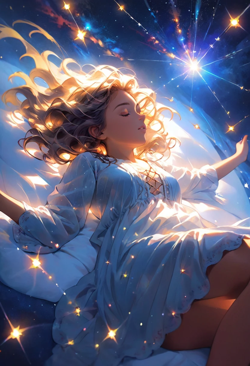 (masterpiece, best quality), deep ebony woman, beautiful face, wavy hair,  sparkling colorful stardust,   sleeping as she floats through outer space. Dynamic angle, dynamic lighting. Fullbody shot.