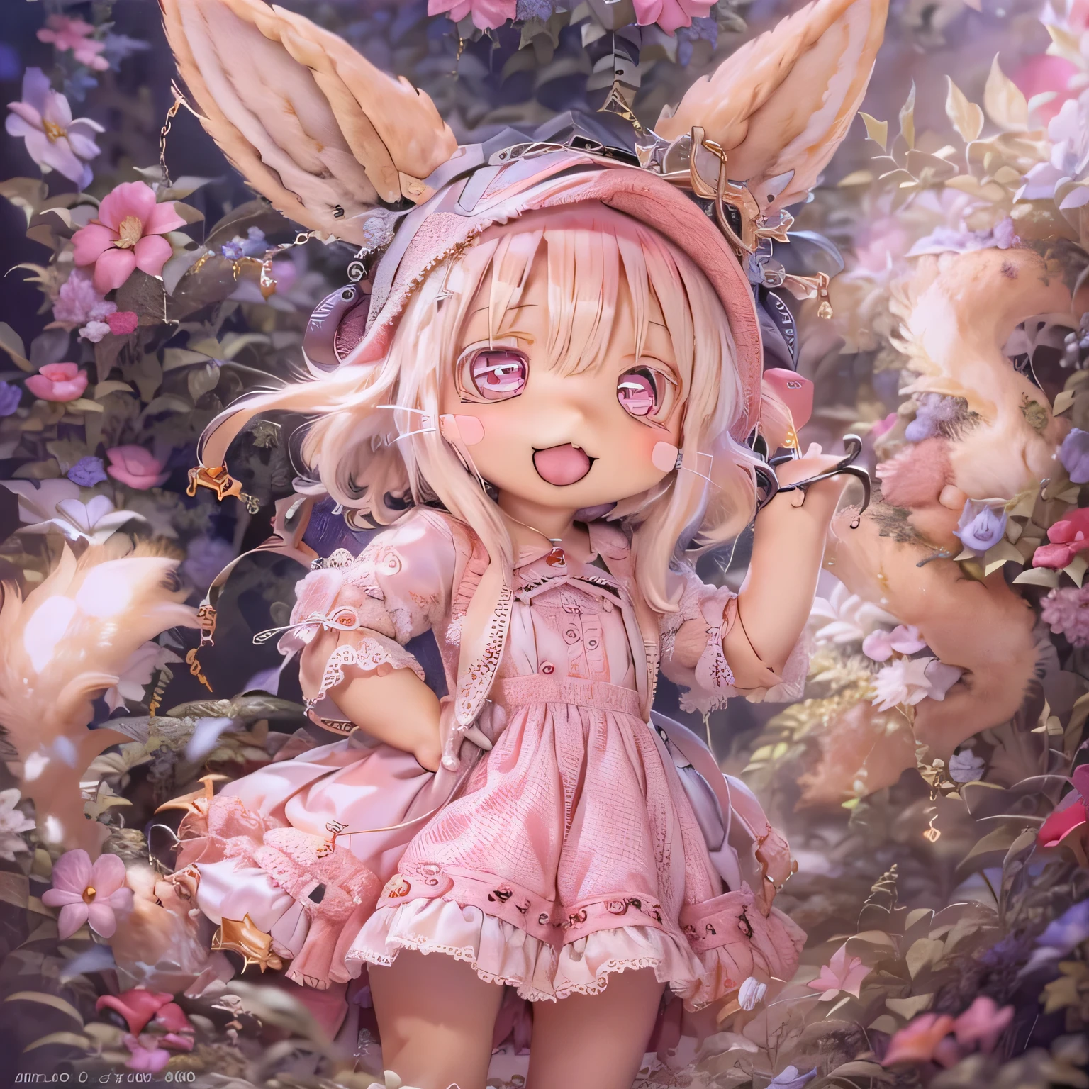 in the garden, smile, Similar to Nanachi from Made in Abyss. She is beautiful, Beautiful eyes and lips.  (((Chibi Style,))) . Image quality is excellent, Highly detailed and realistic features. The medium of this work is、Combining illustration and photorealistic rendering.. The colors are vivid、The lighting creates a warm and bright atmosphere。 whole body(((((Cute pink dress)))))Contrasting cute poses