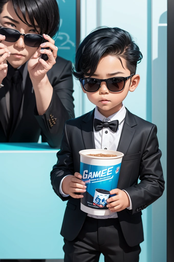 A ddler in a black suit with slicked back blue hair and sunglasses holding a cup、Game Poster