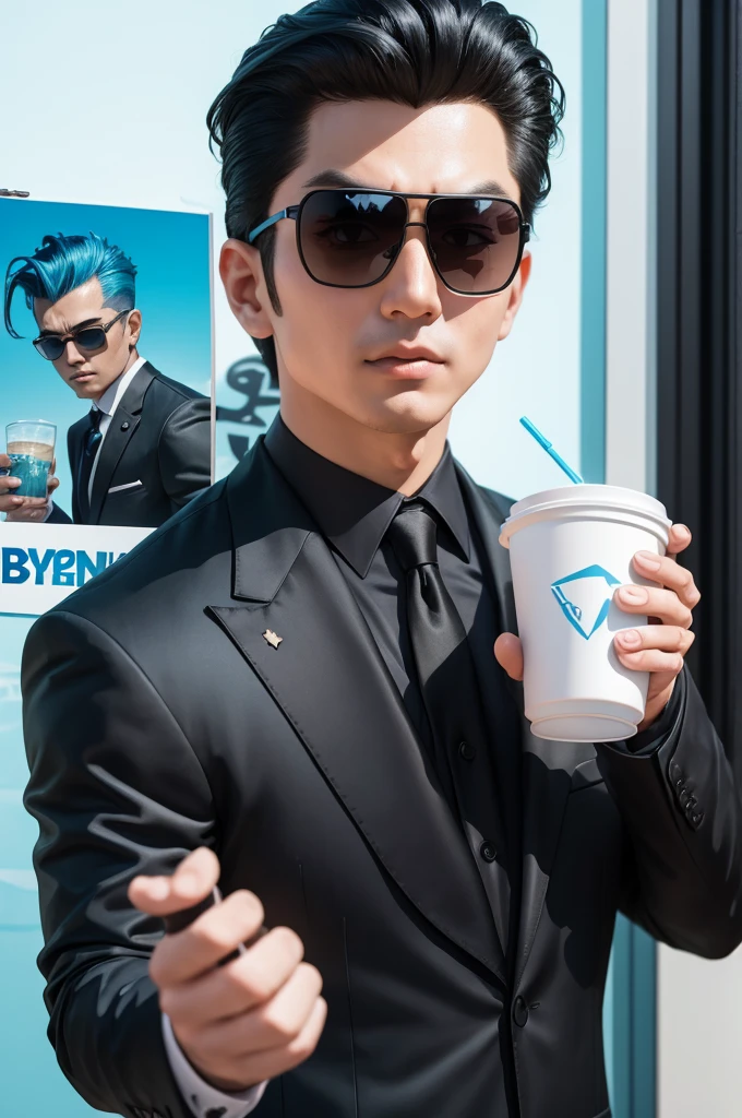 A toddler in a black suit with slicked back blue hair and sunglasses holding a cup、Game Poster