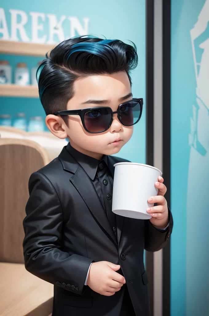 A ddler in a black suit with slicked back blue hair and sunglasses holding a cup、Game Poster