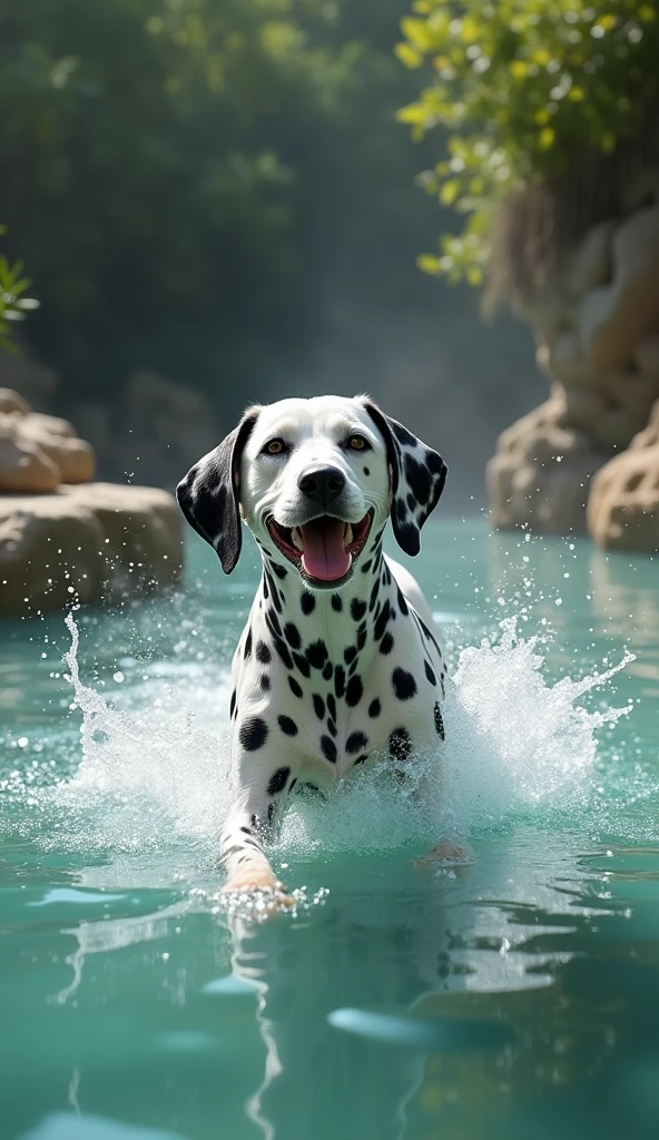 Sexy male anthropomorphic Gay Dalmatian in pool with woman’s swim suit