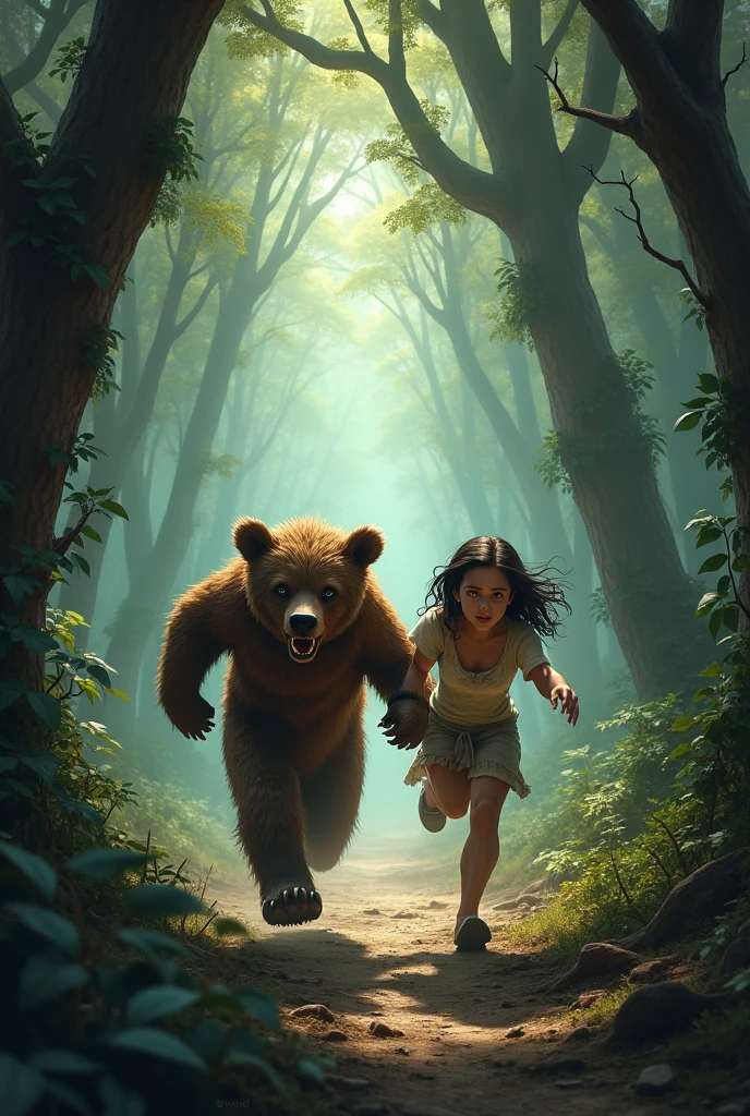 Iconic characters of the series、Brown bear and young woman、Brown bear is ferocious, but he is her servant.、 Imagine yourself sitting on a branch in a deep forest., Create a captivating moment that pays tribute to her character, Very detailed, figure, masterpiece trending figure on pixiv , Beautiful Landscape