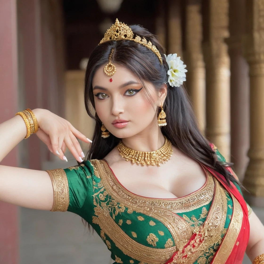 BustyEmaxl, long, dark light brown hair; fair skin; green eyes; thin nose; full lips; thick, arched eyebrows; pointed chin. She is 5'9" tall and weighs 120 lbs. She has a generous 36DD bust. She is a Hindu temple dancer in an elegant and expressive pose, capturing the essence of traditional dance. She wears a draped red and gold silk sari, the fabric richly embroidered with intricate patterns and gold details. The dress is fitted at the torso with a bodice adorned with precious stones and delicate jewels. Her arms are adorned with numerous finely engraved gold bangles, and her ankles are decorated with golden bells that emit a soft jingle with each movement. Her hair is neatly styled in an elegant bun, adorned with white flowers and gold jewels. Her feet are shod in jeweled sandals, adding an extra touch of elegance to her dance. In the background, the interior of a Hindu temple, with carved columns, walls decorated with colorful frescoes and statues of deities, creates a sacred and mystical atmosphere. The soft light emanating from candles or oil lamps accentuates the richness of the colors and details of the dancer, adding to the spiritual and majestic atmosphere of the scene.