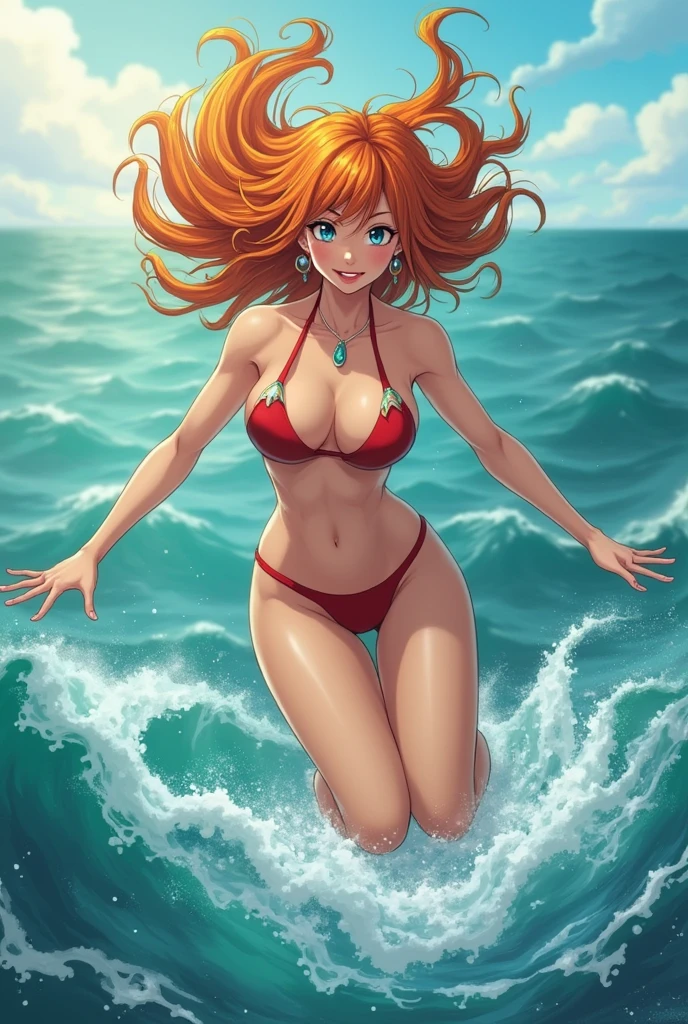 sunsethuman, a beautiful woman with red and yellow hair running bikini through the surf, wet body, smiling with an open mouth, waves in the background, cinematic lighting, golden hour, vibrant colors, highly detailed, photorealistic, 8k