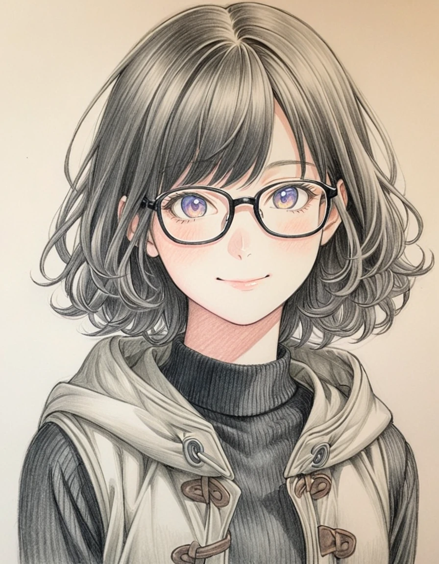 1 female, 30-year-old, alone, thin, slender, small breasts!!!, short hair, curly hair, thin, slender, (((glasses))), duffle coat and long-sleeved black sweater, Open jacket, jeans, Half Smile, Are standing, art, Colored pencil drawing, draft, White background, portrait