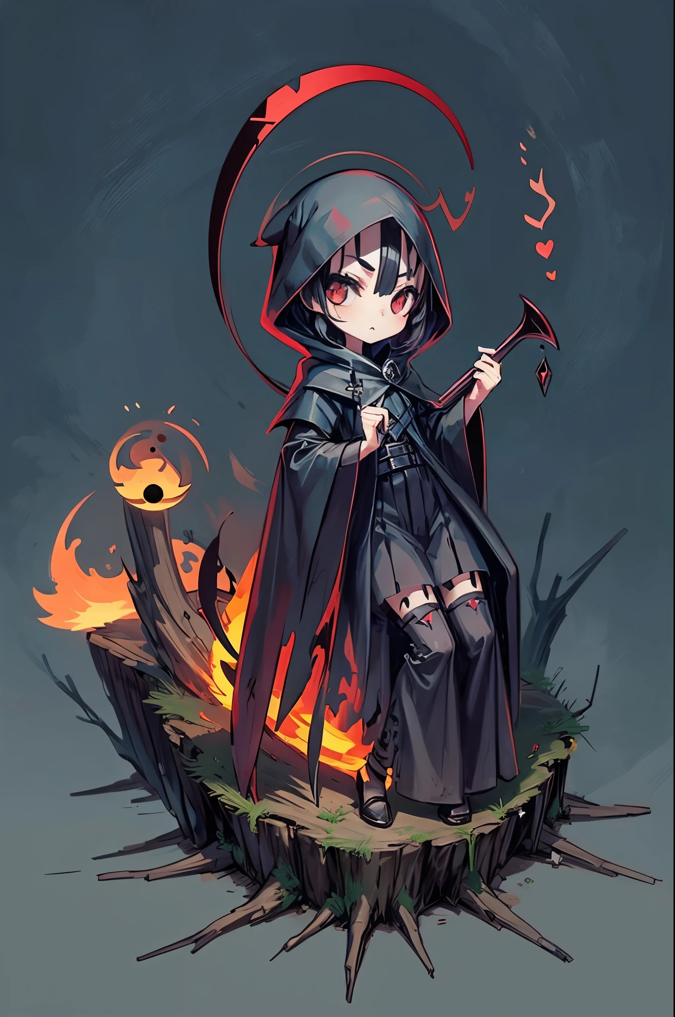cute Grim reaper, Giant sickle, death scythe, shape that reaps life,end of the world, symbol of destruction, destruction, dark fantasy,smoke, rotten tree, solar eclipse,chibi,loraeyes