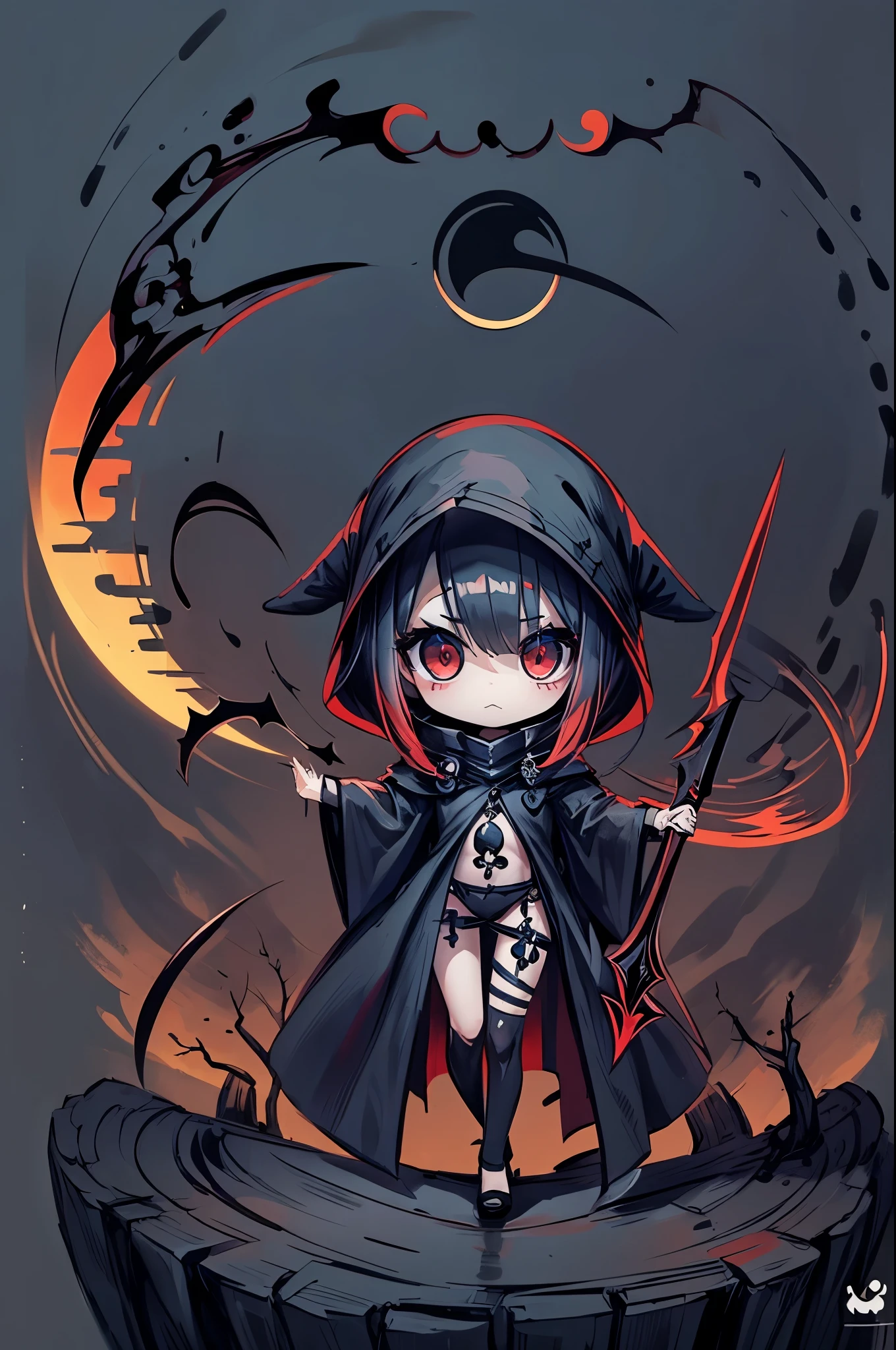 cute Grim reaper, Giant sickle, death scythe, shape that reaps life,end of the world, symbol of destruction, destruction, dark fantasy,smoke, rotten tree, solar eclipse,chibi,loraeyes