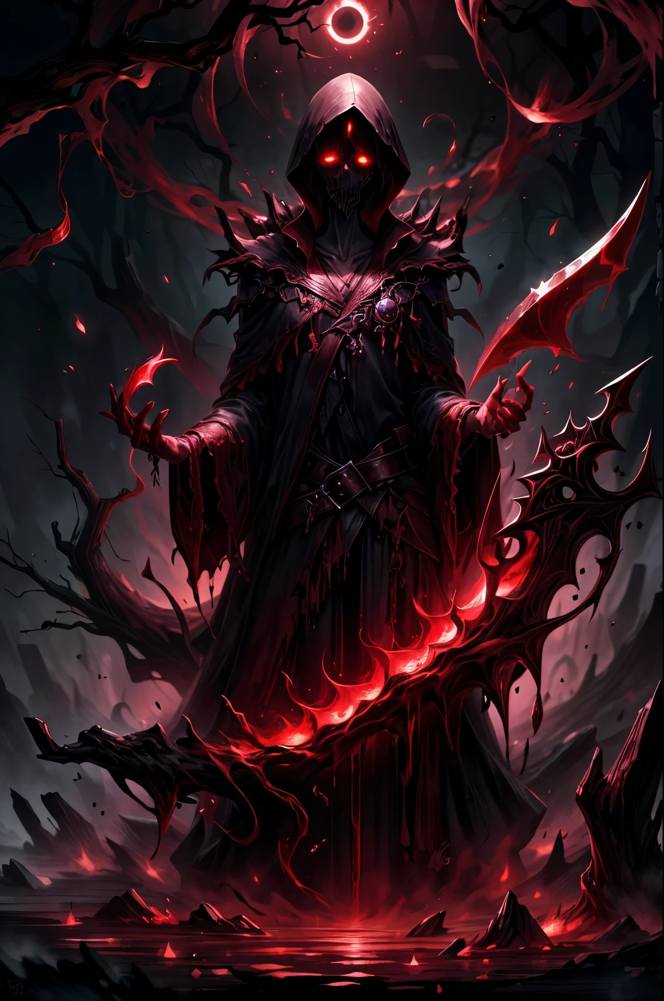 Grim reaper, Giant sickle, death scythe, shape that reaps life,end of the world, symbol of destruction, destruction, dark fantasy,smoke, rotten tree, solar eclipse, bloodmagic