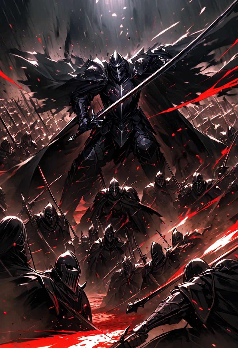 Dark knight, long black cape, black helmet with silver mask, black knight general against an army, huge battle, bloodstains, Mediovale