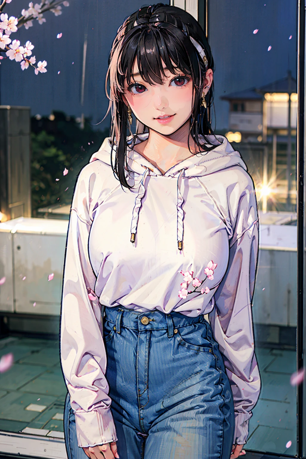 1 girl、(White hoodie and denim:1.2)、(RAW Photos、Highest quality)、(Genuine、Realistic:1.4)、masterpiece、Very delicate and beautiful、非常にdetailed、2k wallpaper、wonderful、detailed、非常にdetailed CGユニティ 8k 壁紙、非常にdetailed、High resolution、Soft Light、美しいdetailed***、非常にdetailed目と顔、美しいdetailed鼻、美しいdetailed特別な目、Cinema Lighting、City lights at night、Perfect Anatomy、Slender body、A light smile、close、(Long hair with bangs)、Large Breasts、Photograph the whole body、ponytail、Cherry blossom petals in the background