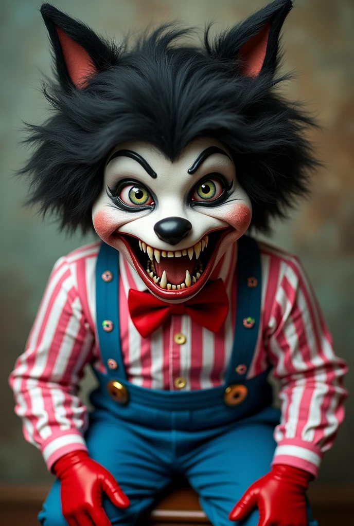 puppet like puppet from five night at freddy with white face orange eyes a smile black suit with red bow and white buttons
