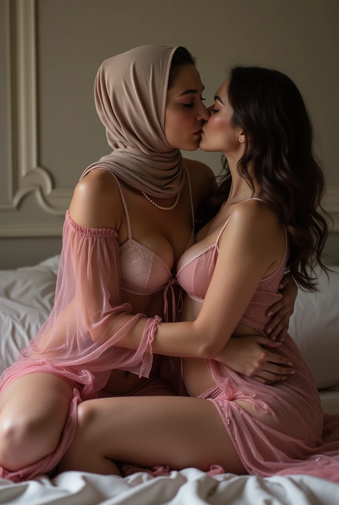 (((2 hijabi malay woman hugging and having sex in various position))) (both are wearing thongs and luxury silk robe, topless, wearing plain hijab), dynamic pose, ultra realistic, masterpiece, maximum quality, detailed skin texture, skin pores, film grain, eyes closed, skin marks, moles, highly detailed skin, fantasy flower garden, (flowers blooming densely in background), lisianthus, pale pink and light azure color grading, surreal and dreamy environment, ethereal foliage, high contrast, ink strokes, over exposure, abstract, (watercolor painting by John Berkey and Jeremy Mann, brush strokes), flower petals and leaves flying blown by wind, film grain, film noise, cinematic composition ((KAMASUTRA POSITION)) accurate anatomy, accurate hands