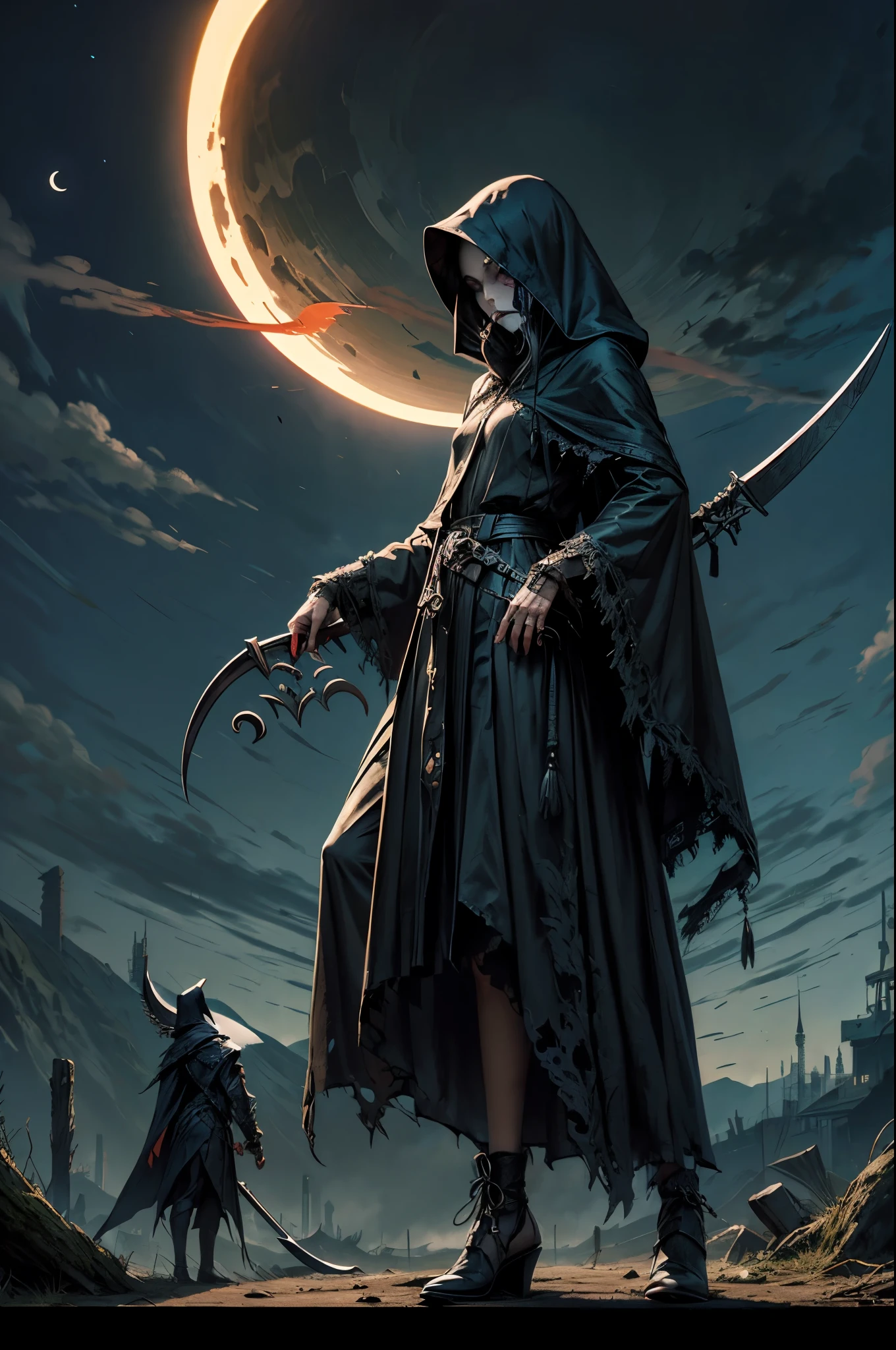 Grim reaper, Giant sickle, death scythe, shape that reaps life,end of the world, symbol of destruction, destruction, dark fantasy,smoke, rotten tree, solar eclipse,