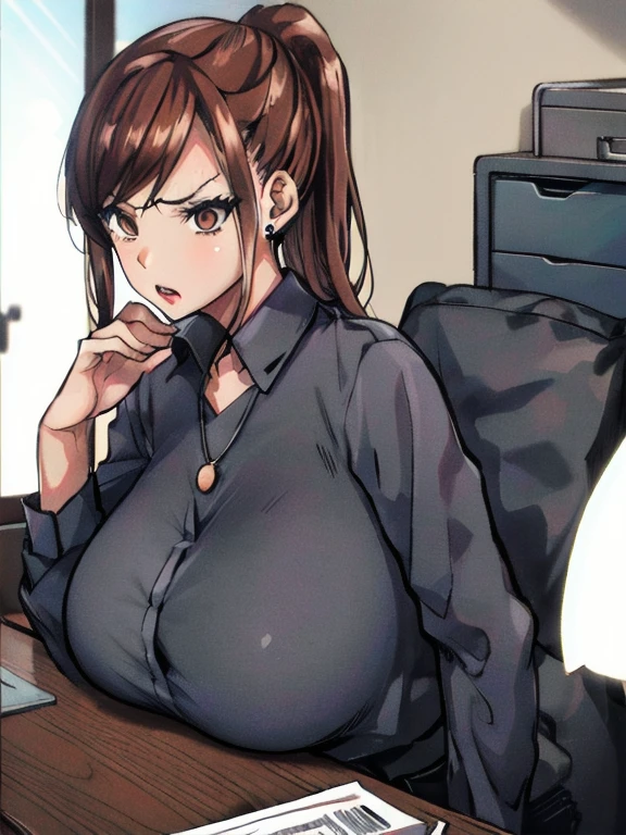 In office, computer, desk, high resolution, 8k, masterpiece, best quality, 1girl, brown hair, short curl hair, ponytail, mature female, OL outfit, office lady outfit, business girl outfit, nameplate, identification card, earrings, necklace, large breasts, huge breasts, breasts on table, breast rest, angry, open mouth, side view, side boob, side breast, holding paper, holding files,