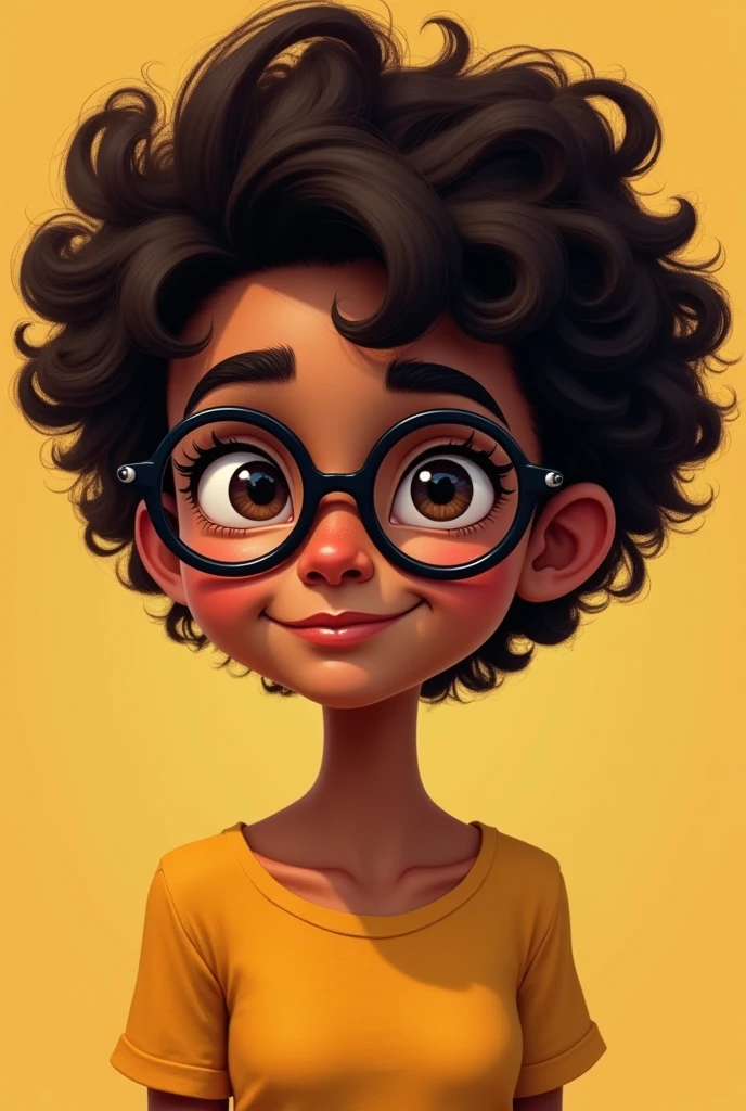 cute, 5 years, brown skin, small eyes, curly black hair tied up with a few loose strands, wearing small glasses with colorful dress, smiling pixar 3d illustration
