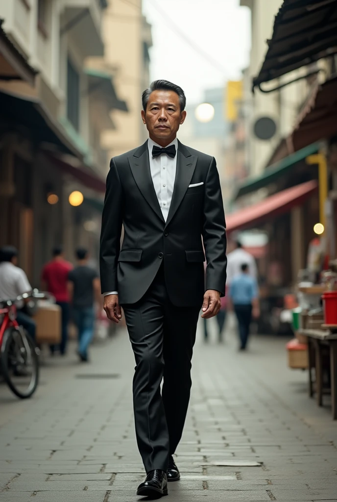 best quality, ultra high res, (photorealistic:1.4),(black suit:1.2),masterpiece, blurry background,1boy,standing ,(looking at viewer), <lora:huangxin:0.8>