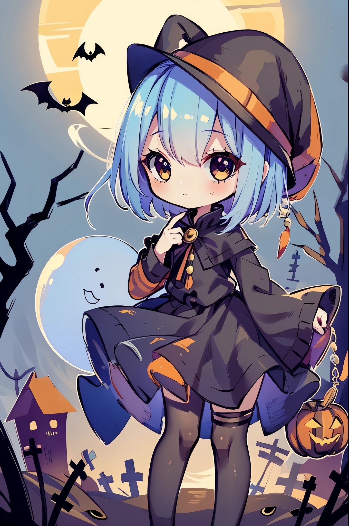 1girl,halloween ghost costume,chibi,horror,smoke, rotten tree, solar eclipse,