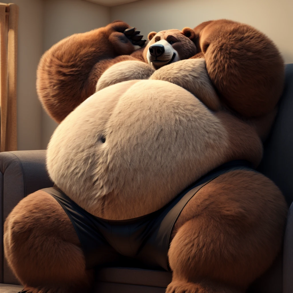 Fat Huge 600 Pounds Daddy Furry Black Gluten Grizzly Bear Big Belly, and Large Chunky body and wearing Black Shorts, sitting on the Sofa, His Belly is Bigger, Huge, Fat, Chunky, Furry, Big, and Huge, have his arms up and wanting a Hug