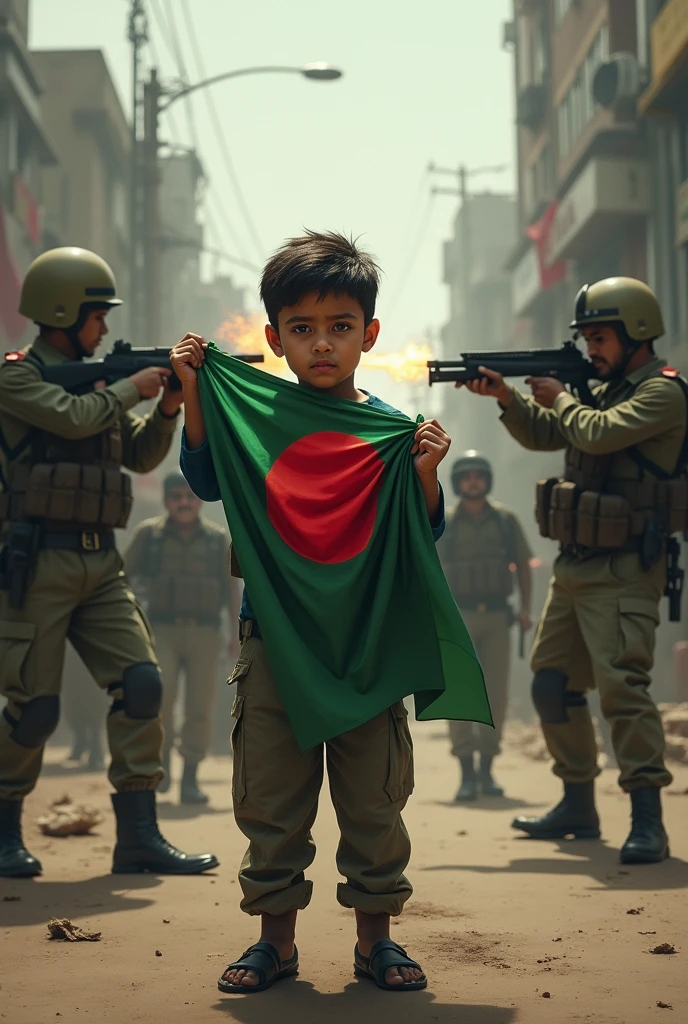 A boy wearing a helmet and he have a gun in the position of killing two woman and the two woman are scared and the flag of Bangladesh is behind
