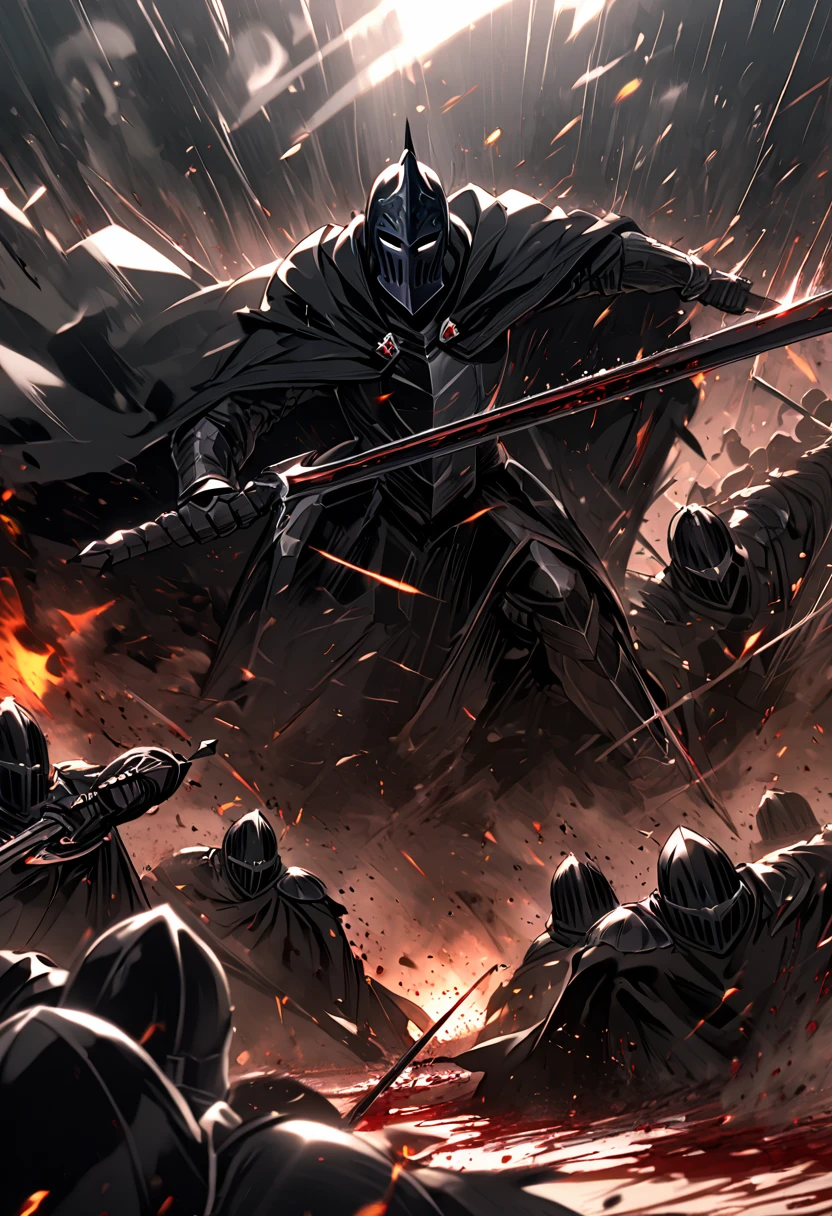 Dark knight, long black cape, black helmet with silver face mask, general high black knight against an army, huge battle, bloodstains, Mediovale
