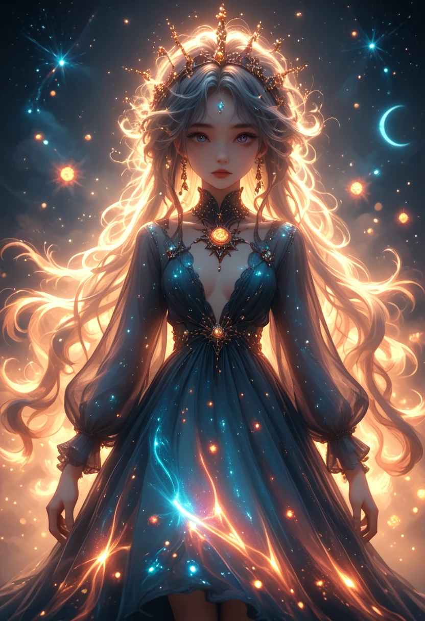  8k,Magical girl, Very long hair, braids, starry night dress, the dress falls, open dress, Revealing dress, luminous constellations on fabric, Silver and gold accents, flowy dress, the dress is open, crescent moon brooch, space patterns, rainbow layers, Luminescent halo, glittering cosmic dust around it, transparent veil with twinkling stars, orbit shaped necklaces, embroidered celestial symbols, shiny blue and purple shades, ethereal glow, emanating from her dress, floating celestial crystals, ball of light in hand, soft, a shining glow around her, break, ethereal glow, bright colors, mystical aura, Sparkling particles, detailed background, fantasy setting, Celestial Elements, soft lighting, A bizarre environment, dynamic pose, light reflections, Light particles, g0thicPXL, luminous, neon, galaxy aesthetics, Space Nebulae, shooting stars, Northern lights, Galactic background, twinkling clusters of stars. space background, retina, accurate, masterpiece, super detail, high detail, Best quality, award-winning, a high resolution, HD, 4K, 8 K, 16 thousand., retina, accurate, masterpiece, Anatomically correct, textured leather, super detail, high quality, award-winning, a high resolution, 8 K, 16 thousand.