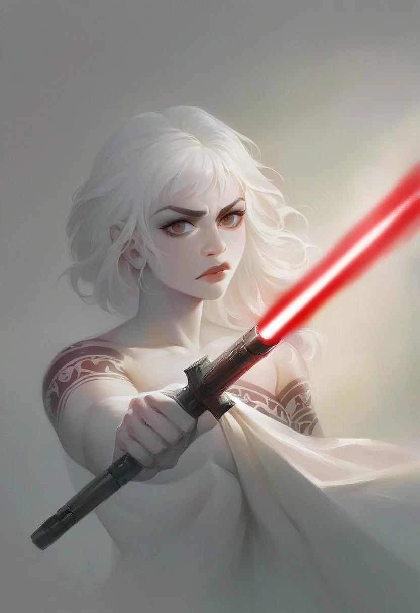 Describe a scene where Darth Maul, the iconic red-skinned Sith with black tattoos, teaches a Emilia Clarke as Qi'ra. Maul is in a dark environment, perhaps an ancient cave or temple, with red lights and deep shadows. He uses his double-bladed lightsaber, a blade at each end, demonstrating fast and precise movements. Emilia Clarke, with a serious and focused expression, observe carefully, wielding a simple red colored lightsaber. They are both wearing red cloaks, with subtle red accents that reflect his allegiance to the dark side of the Force. Maul has a threatening stance, while the apprentice displays a mixture of determination and respect. Ao fundo, Ancient runes and Sith symbols illuminated by red light create an atmosphere of mystery and danger.