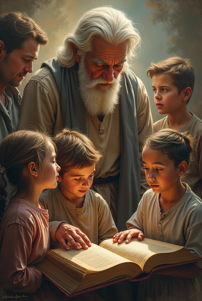 Grandfather with his grandchildren and his son in the Christian church reading the Bible and learning about Jesus