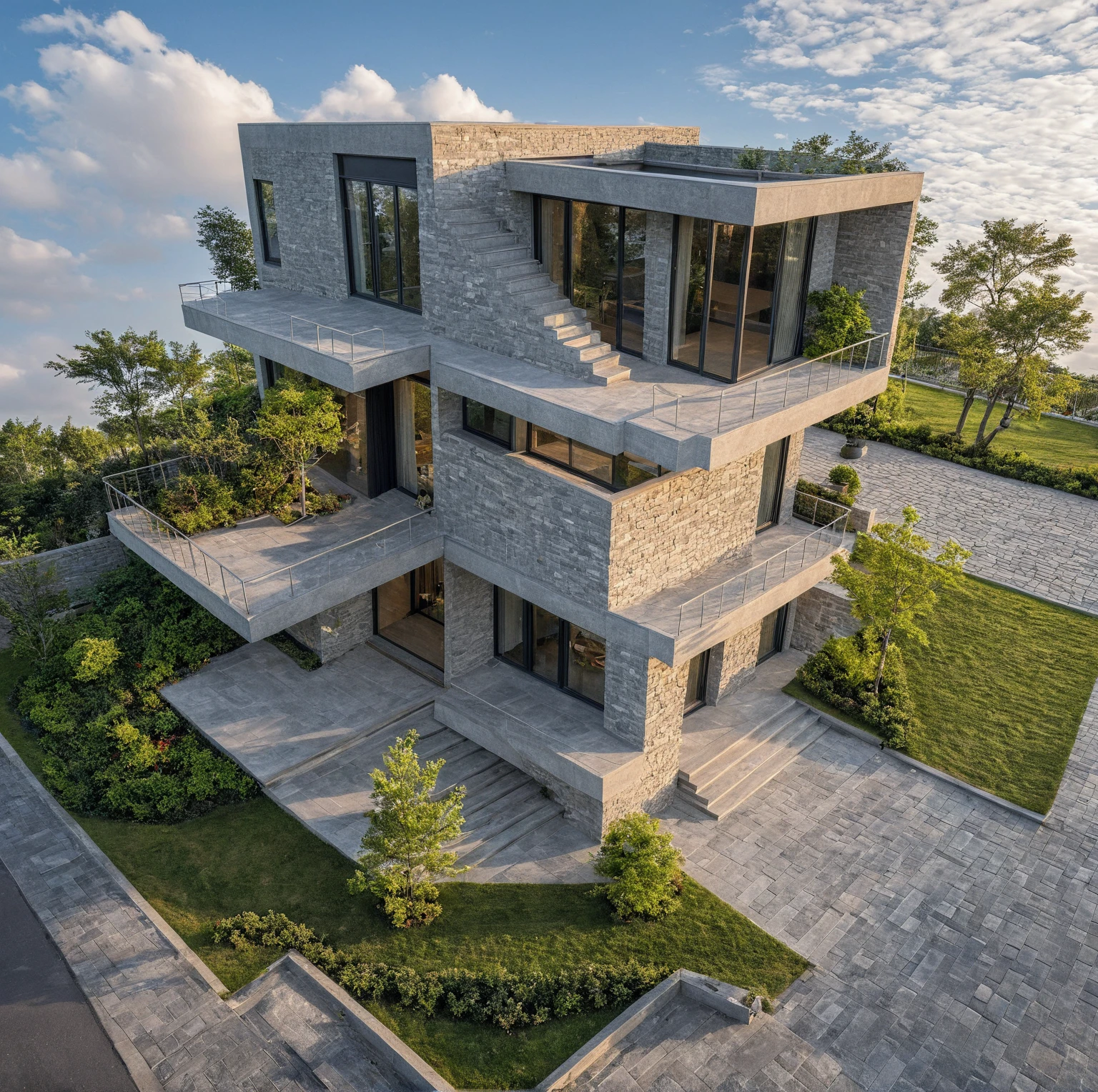 Masterpiece, high quality, best quality, authentic, super detail, outdoors, onestoreyvillaXL, aiaigroup, house style modern on the street ,stairs, stone wall ,road,pavement, stone, trees, sky, cloud, (daylight:1.1)
