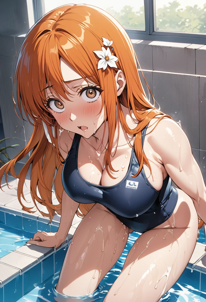 masterpiece, Highest quality, High resolution, (Orihime Inoue),(bleach),1990s \(style\),School Swimsuit、(G-cup busty)、expensive、Sweating all over the body、vapor、Muscular、sexy、Face writhing in pleasure、The whole body is covered in sex fluids、Sweaty、Configuration from the front、Ahegao、Anime-style painting style,Orange Hair、Long Hair、Small flower-shaped hair accessories,Big eyes,A composition that focuses on the whole body,The background is the pool