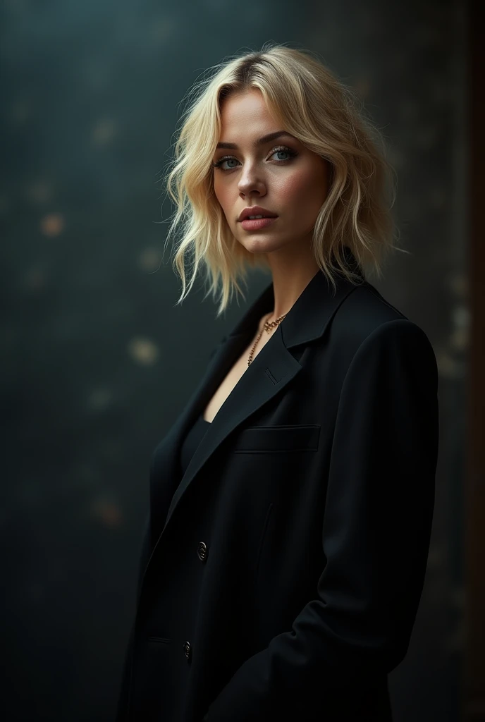 Best quality, masterpiece, ultra high res, (photorealistic:1.4), raw photo, 1girl, blonde hair, blue eyes, detailed eyes and face, black suit, dynamic lighting, in the dark, deep shadow, low key, cowboy shot full-lenght body