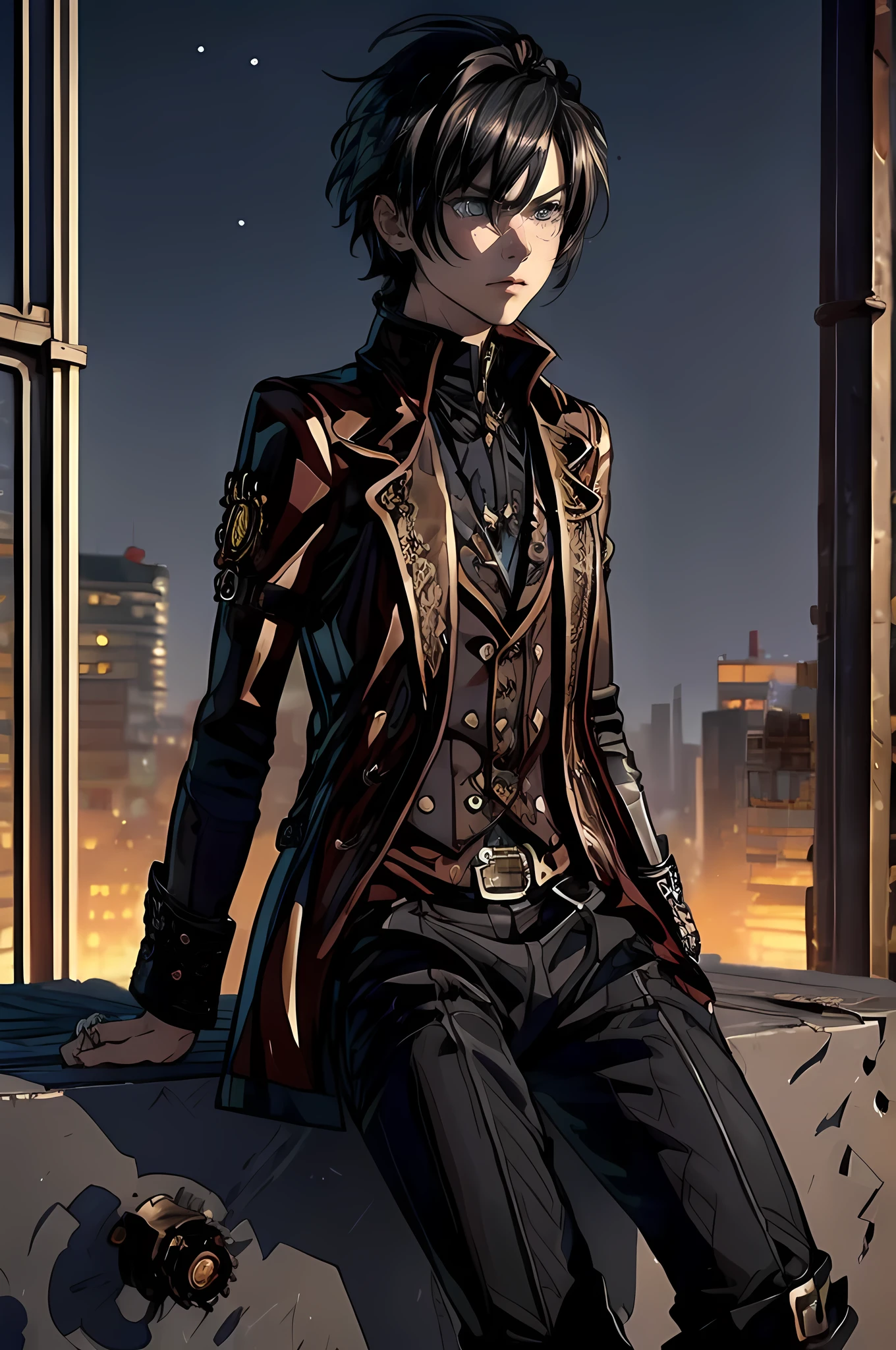 (masterpiece) expressive eyes, handsome face, 1boy, black hair, short hair, steampunk,  gentleman attire, black attire, black robes, black pants, serious face, sitting on the edge of a rooftop, night time, steampunk schematic, steampunk world, steampunk night scene, sad, melancholic, 3D, Western, Anime Style, cog, mcog