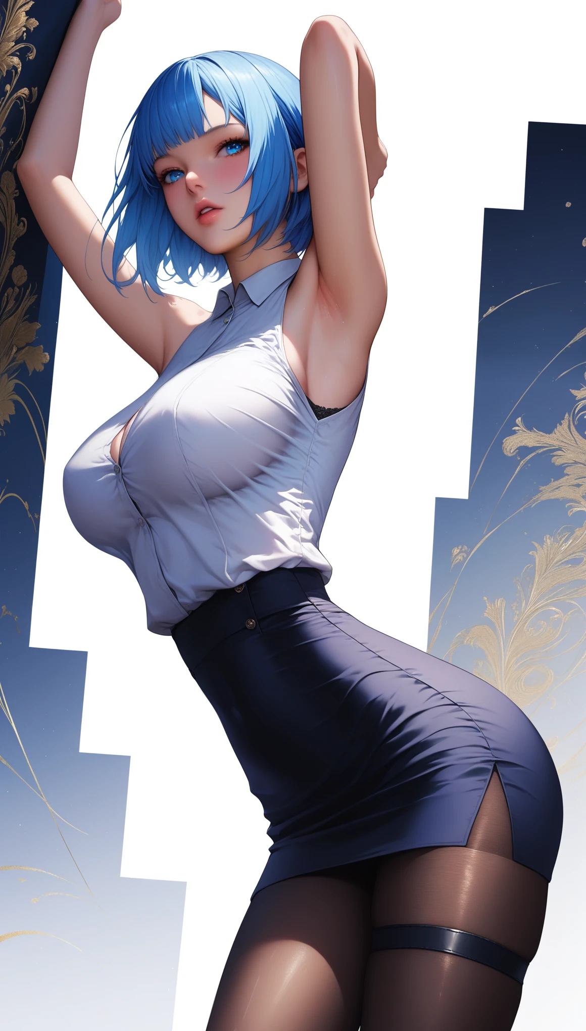 (day:1.2),(indoors), (very detailed background),city,
standing, dynamic pose, facing viewer, cowboy shot, armpits,
yelanrnd, blue hair, green eyes, ((short hair)),
((collared shirt)),white shirt,buttoned shirt, pencil skirt, black thighhighs,
1girl, solo, (24 years old:1.5),Beautiful Finger,Beautiful long legs,Beautiful body,Beautiful Nose, perfect eyes, perfect face,(beautiful detailed aqua eyes),((mature female:1.1)),((milf:1.1)),make up,parted lips,(shiny skin:1.1),(perfect female body:1.2),(gorgeous detailed skin),(detailed hair),
looking at viewer, ((smile)),
novel illustration,ray_tracing,intricate details,depth of field, extremely delicate and beautiful,
(Beautiful,large breasts:1.4), (beautiful_face:1.5),