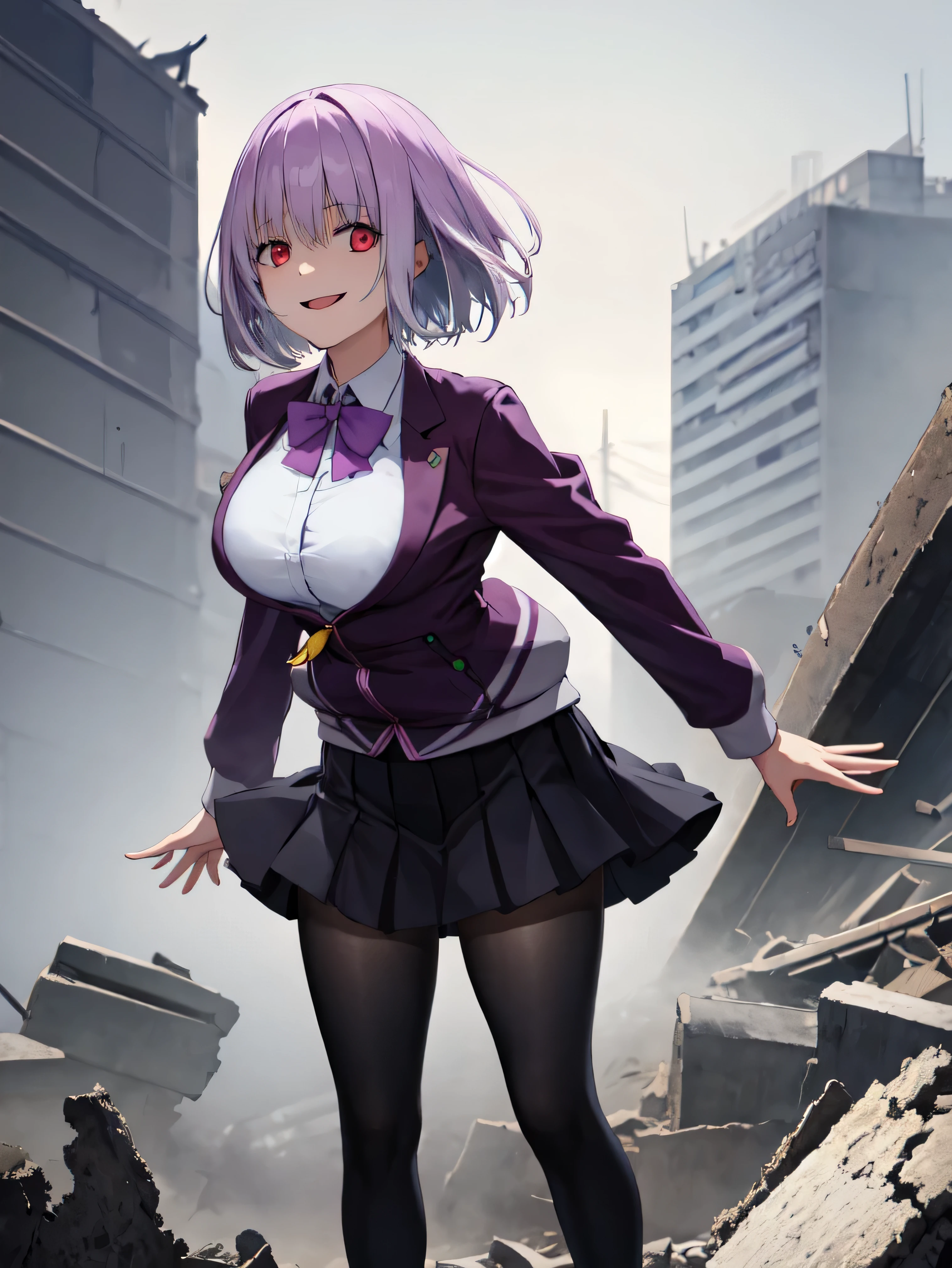 male, short hair, Red eyes, Large Breasts, Purple bow tie, Collared shirt, White shirt, Purple Jacket, Partially defrosted, Long sleeve, Sleeves are longer than the wrist, Pleated skirt, Black Skirt, pantyhose, Waist clothes, night, dark, , Shine, Backlight, Open your mouth, Leaning forward, , , Hollow Eyes, masterpiece, Highest quality, High resolution, Nice hands, Perfect hands, Cowboy Shot,Too evil smile,Smile is the worst,Looking down at the viewer,Smile at its worst,Dark shadowed face,Smile face,Big monster background,both hands,Five Fingers,Two legs,, Dark shadowed face,Sadistic smile,Malice,Contempt,smile,both hands,Two legs,Five Fingers,solo,Decorated with skulls. background, A mountain of skulls beneath,Standing on the rubble,,Abandoned building,Dark street lights,A thick fog swirls,