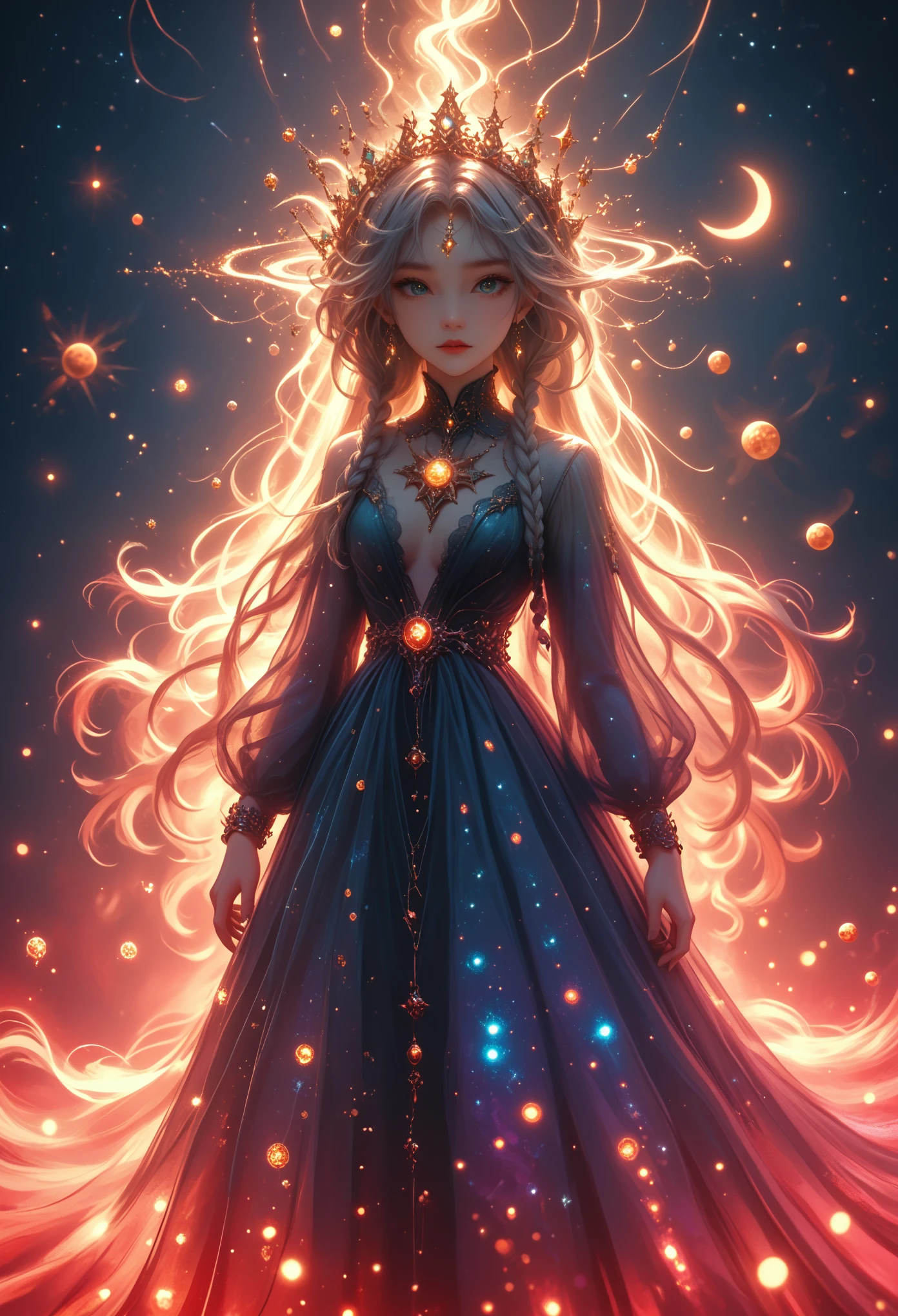  8k,Magical girl, Very long hair, braids, starry night dress, the dress falls, open dress, Revealing dress, luminous constellations on fabric, Silver and gold accents, flowy dress, the dress is open, crescent moon brooch, space patterns, rainbow layers, Luminescent halo, glittering cosmic dust around it, transparent veil with twinkling stars, orbit shaped necklaces, embroidered celestial symbols, shiny blue and purple shades, ethereal glow, emanating from her dress, floating celestial crystals, ball of light in hand, soft, a shining glow around her, break, ethereal glow, bright colors, mystical aura, Sparkling particles, detailed background, fantasy setting, Celestial Elements, soft lighting, A bizarre environment, dynamic pose, light reflections, Light particles, g0thicPXL, luminous, neon, galaxy aesthetics, Space Nebulae, shooting stars, Northern lights, Galactic background, twinkling clusters of stars. space background, retina, accurate, masterpiece, super detail, high detail, Best quality, award-winning, a high resolution, HD, 4K, 8 K, 16 thousand., retina, accurate, masterpiece, Anatomically correct, textured leather, super detail, high quality, award-winning, a high resolution, 8 K, 16 thousand.