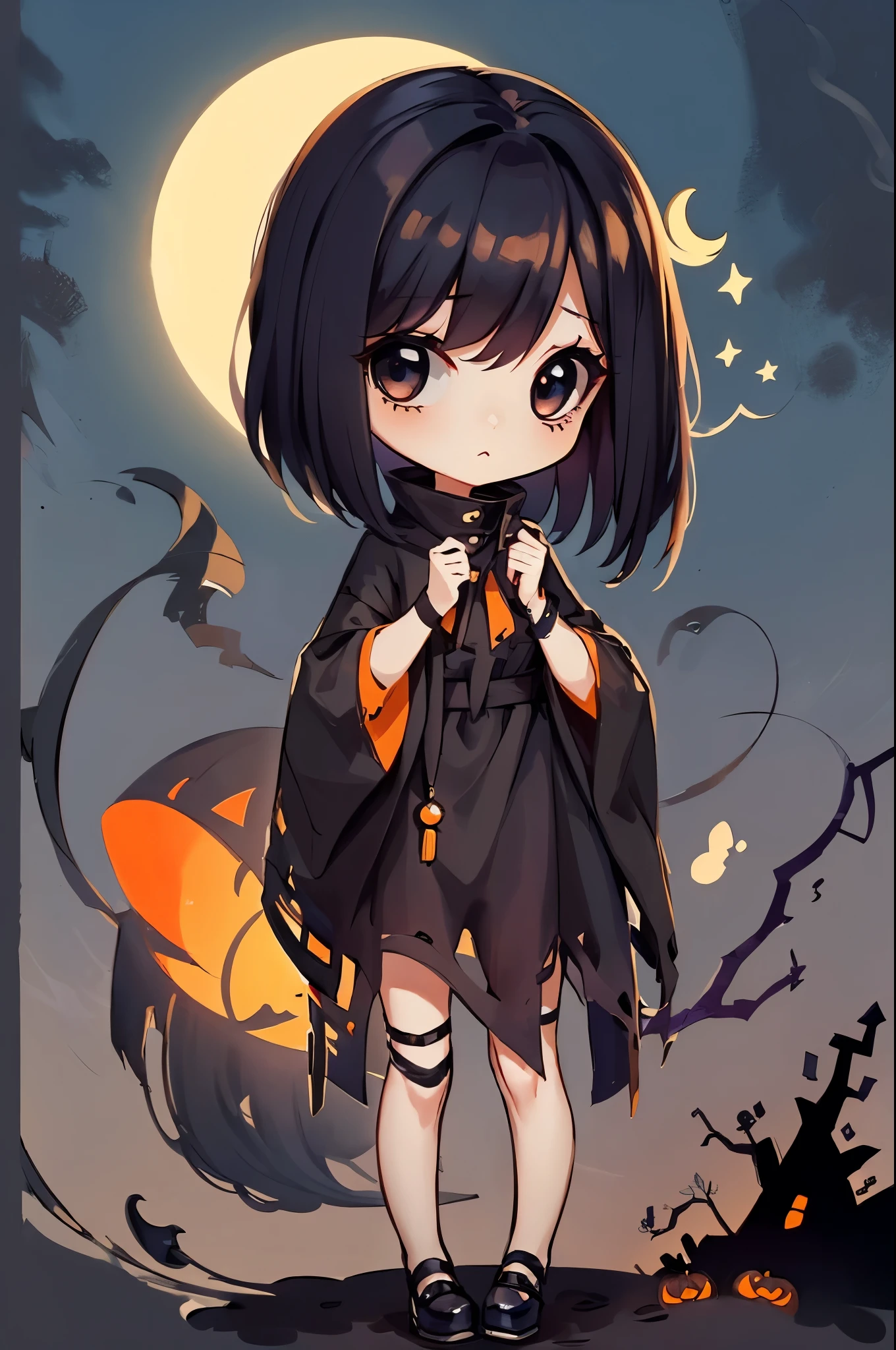 1girl,halloween ghost costume,chibi,horror,smoke, rotten tree, solar eclipse,