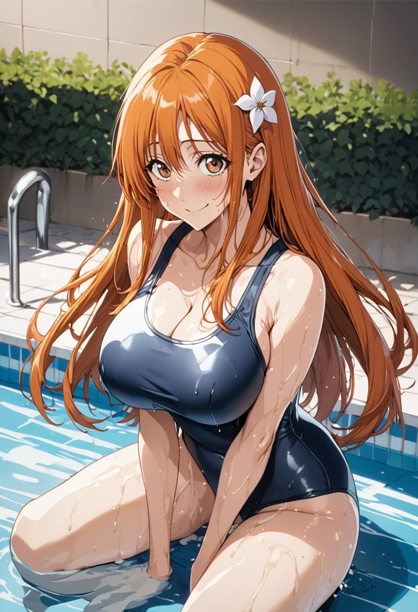 masterpiece, Highest quality, High resolution, (Orihime Inoue),(bleach),1990s \(style\),School Swimsuit、(G-cup busty)、expensive、Sweating all over the body、vapor、Muscular、sexy、Face writhing in pleasure、The whole body is covered in sex fluids、Sweaty、Configuration from the front、smile、Anime-style painting style,Orange Hair、Long Hair、Small flower-shaped hair accessories,Big eyes,A composition that focuses on the whole body,The background is the pool