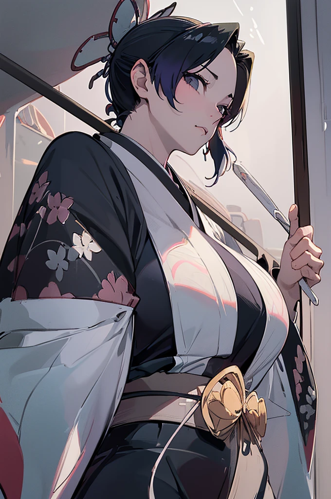 ((((High resolution, Intricate details, masterpiece, 8k,from below, low view, Full Color))), (((beautiful, kimono, Looking Down, Glare, Disgust, Intimidation))), (One Woman, Big Breasts, Large Breasts, Huge Saggy Tits, Long Breasts, tits, Bursting Busty)), (Black Hair, Beautiful forehead, Long Hair, ponytail, Big ribbon, Glowing Skin, looking down), looking at viewer, look at viewer,